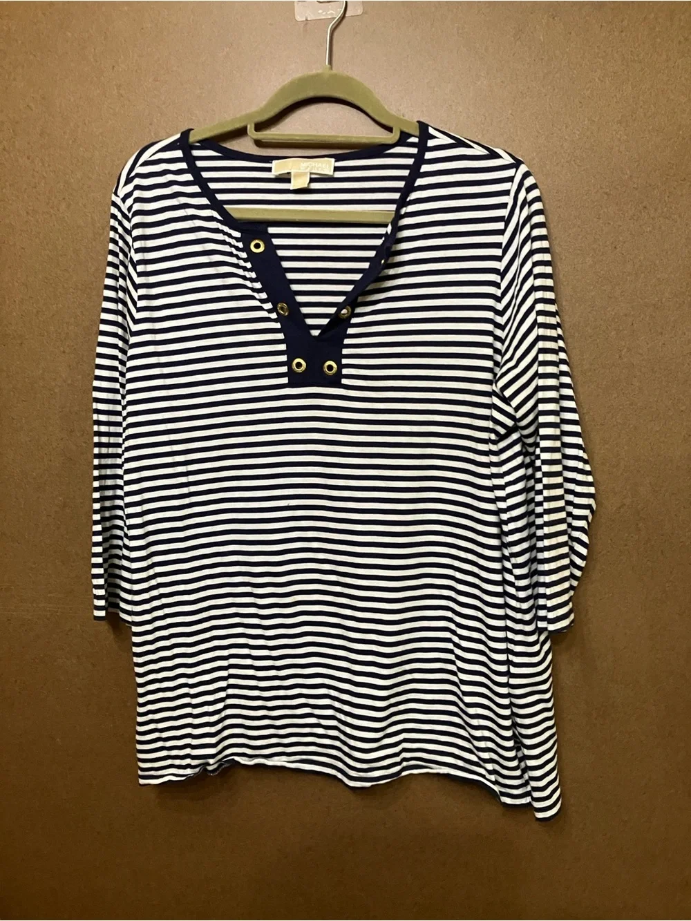 Michael Kors Navy & White Striped Long Sleeve Henley Top